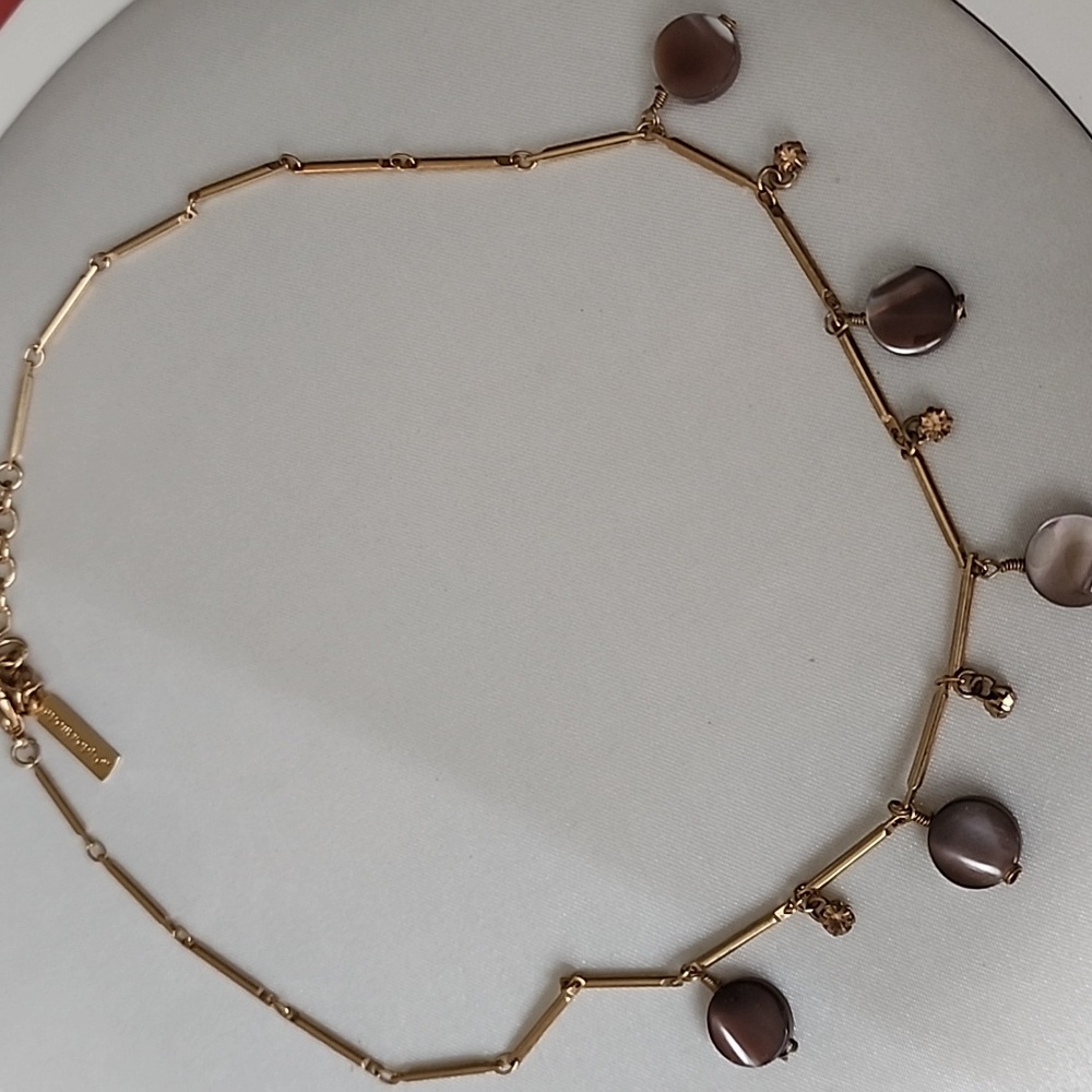 Choker Necklace With  Disc Shells And Amber Gems